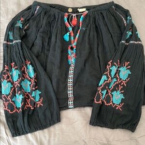 Bohemian Black Blouse with Embroidered Accents